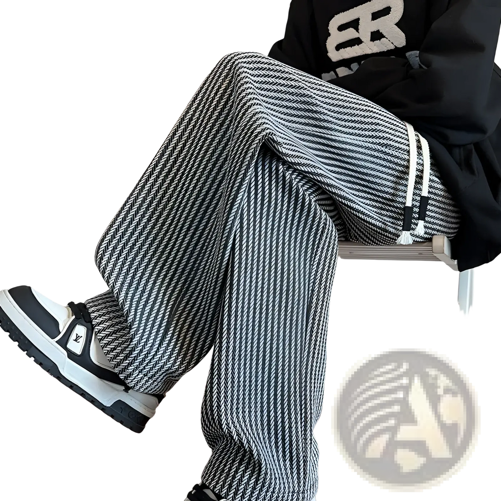 Men wide leg herringbone trousers in black and white with a drawstring waistband for casual comfort