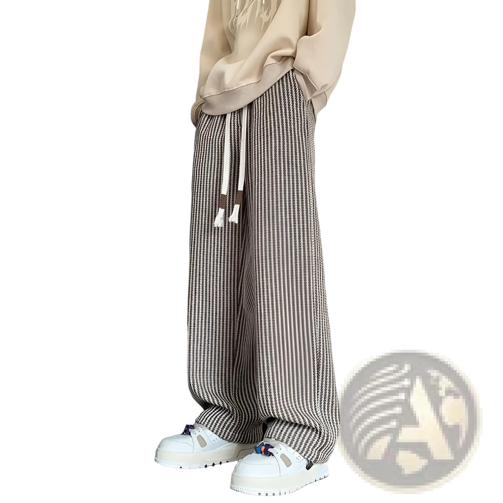Men wide leg herringbone drawstring trousers in beige and black vertical stripes with a comfortable drawstring waist