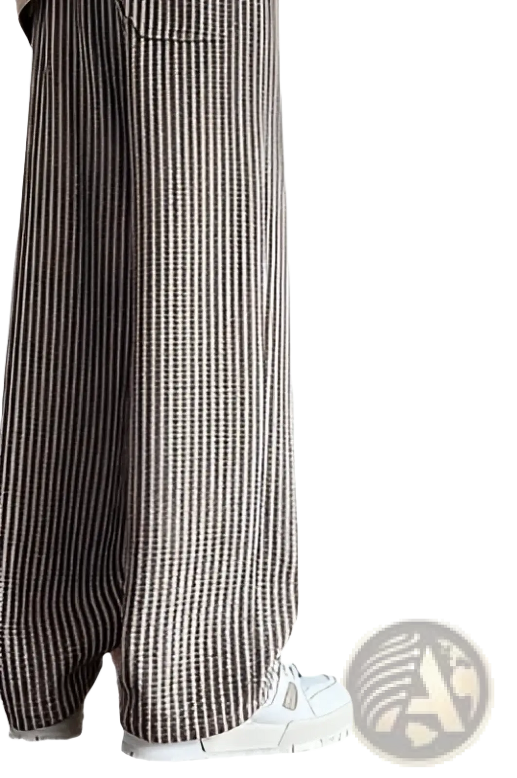 Men wide leg herringbone drawstring trousers in black and white vertical striped textured fabric