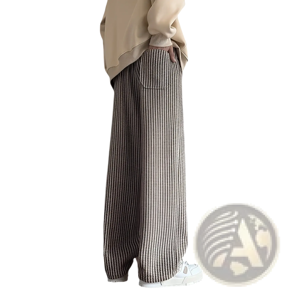 Men wide leg herringbone drawstring trousers featuring textured vertical stripes in beige and dark brown tones