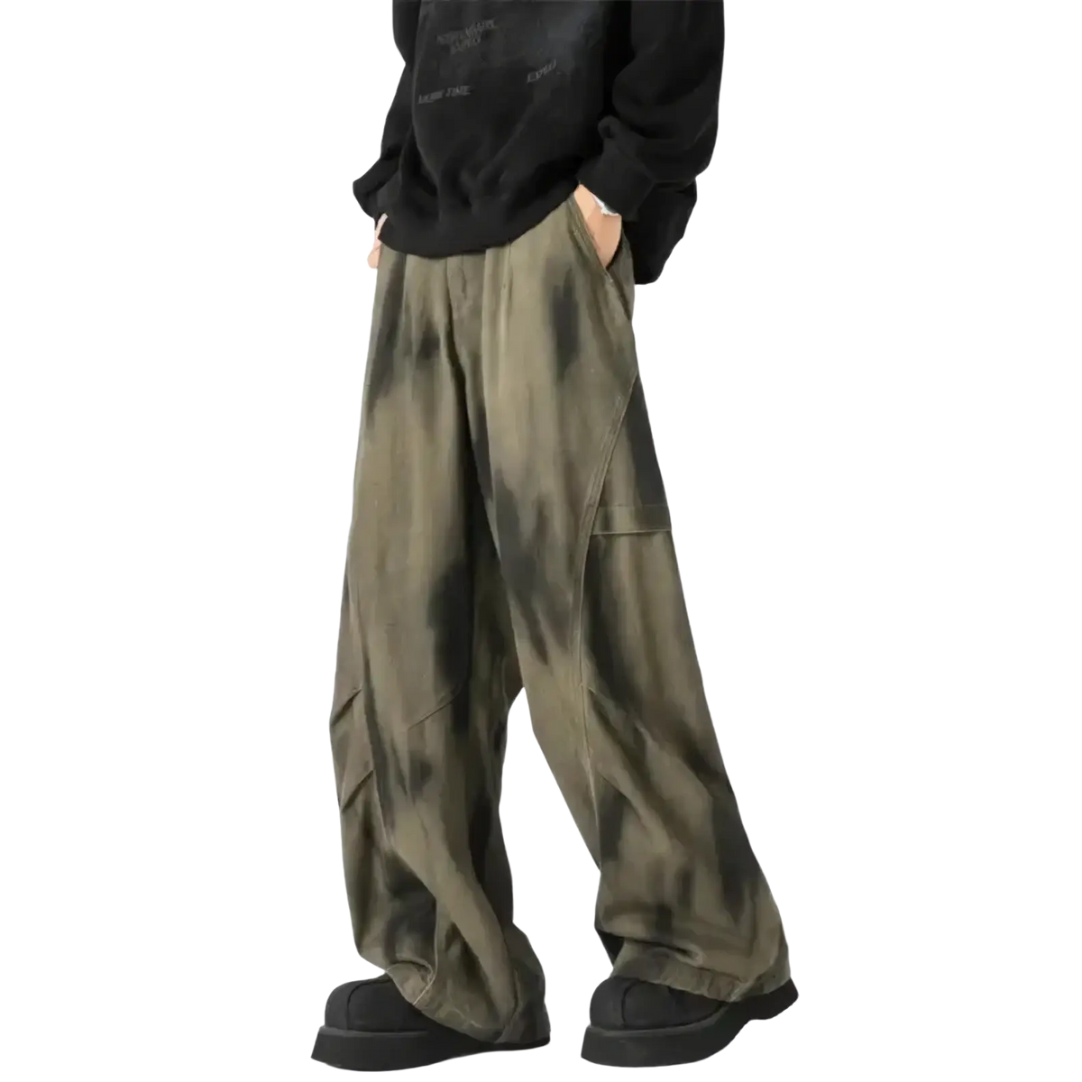 Men wide leg tie dye denim jeans in olive green featuring relaxed cargo pants with visible side pockets