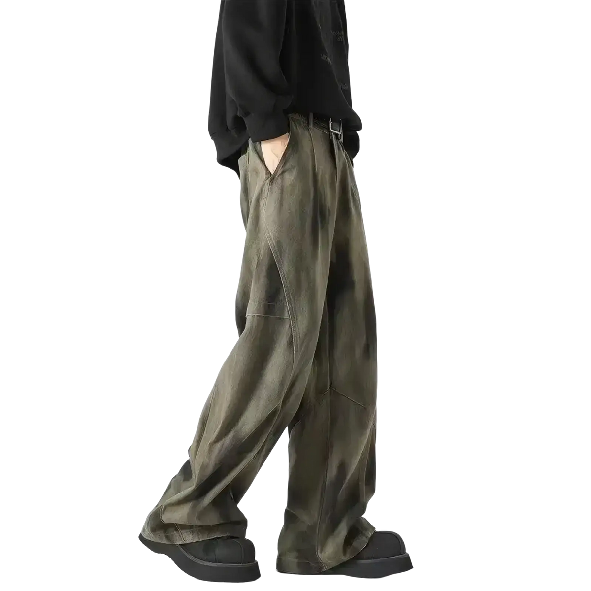 Men wide leg olive green tie dye denim jeans with multiple cargo pockets and a relaxed casual fit