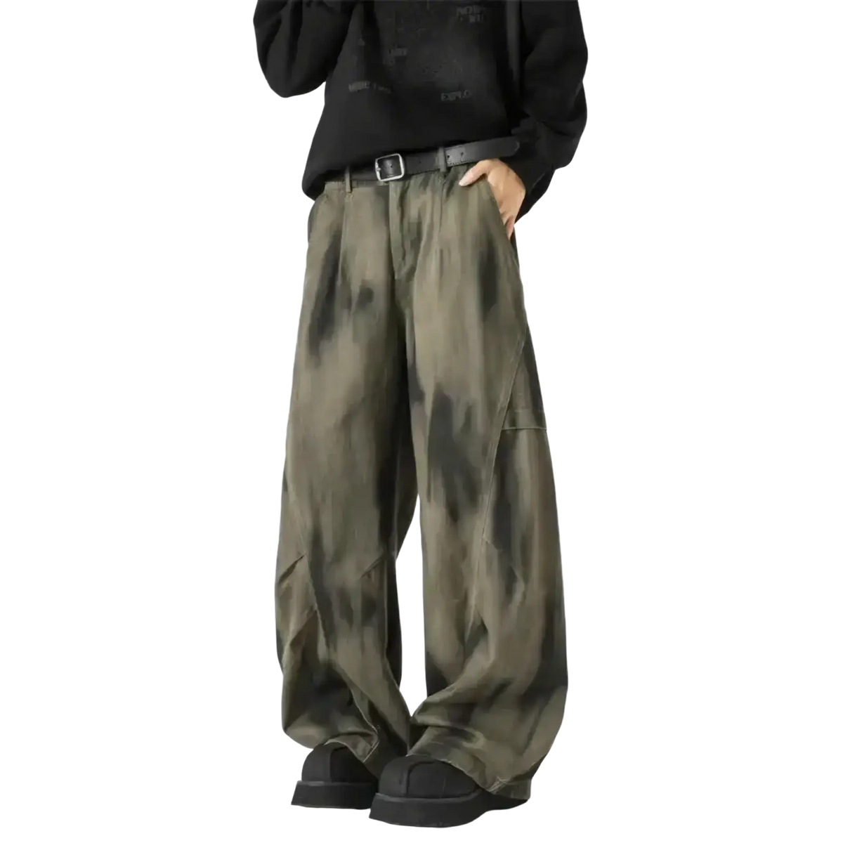 Olive green tie dye denim cargo pants with a relaxed wide leg cut and visible side pockets for men
