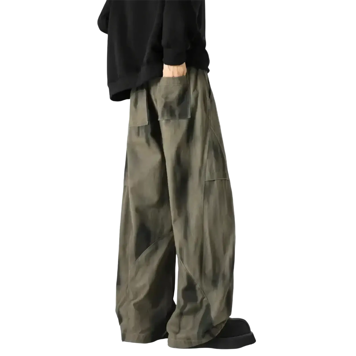Men wide leg tie dye denim jeans in olive green featuring cargo style with multiple pockets and relaxed fit