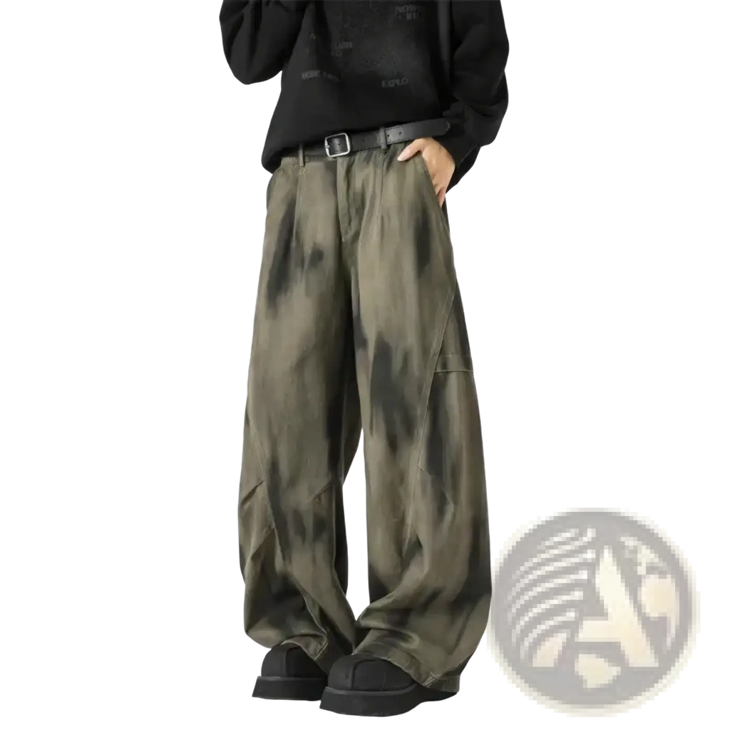 Men wide-leg olive green tie-dye cargo pants in denim with a relaxed oversized fit for casual wear