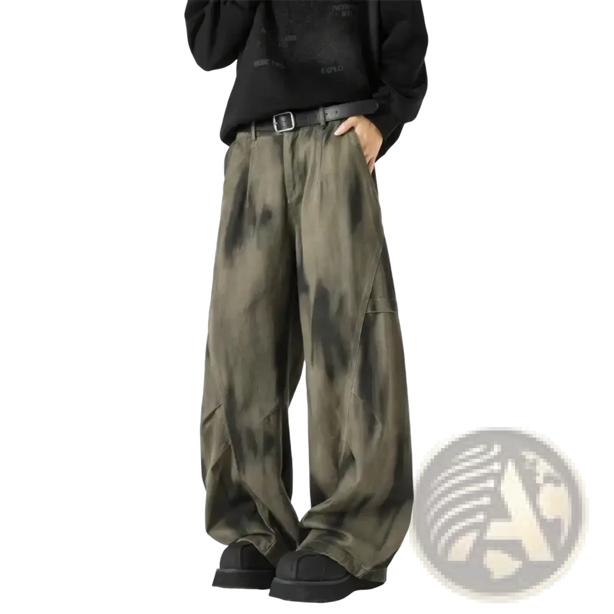 Men wide-leg olive green tie-dye cargo pants in denim with a relaxed oversized fit for casual wear