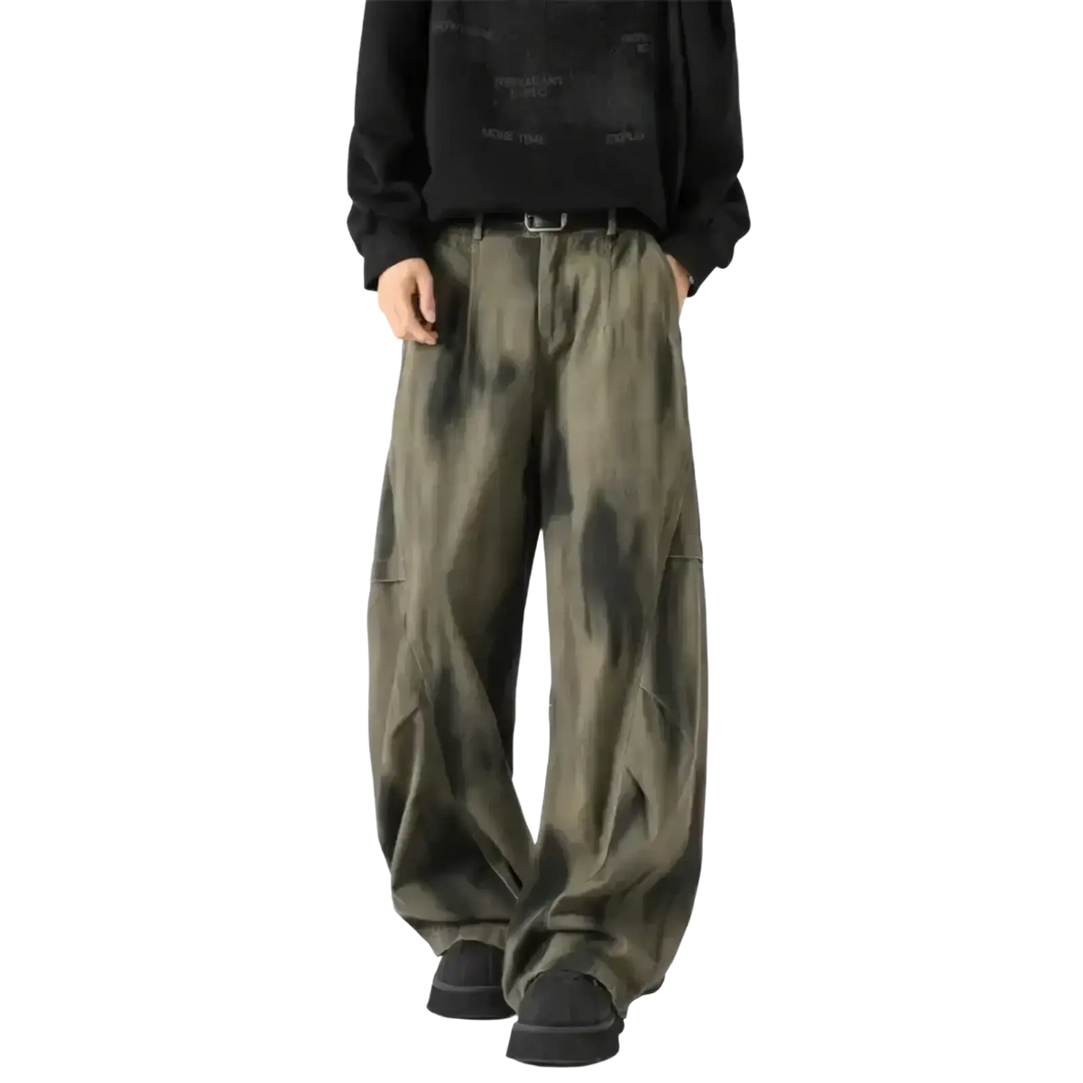 Men wide leg tie dye denim jeans in olive green with relaxed fit cargo style and visible side pockets