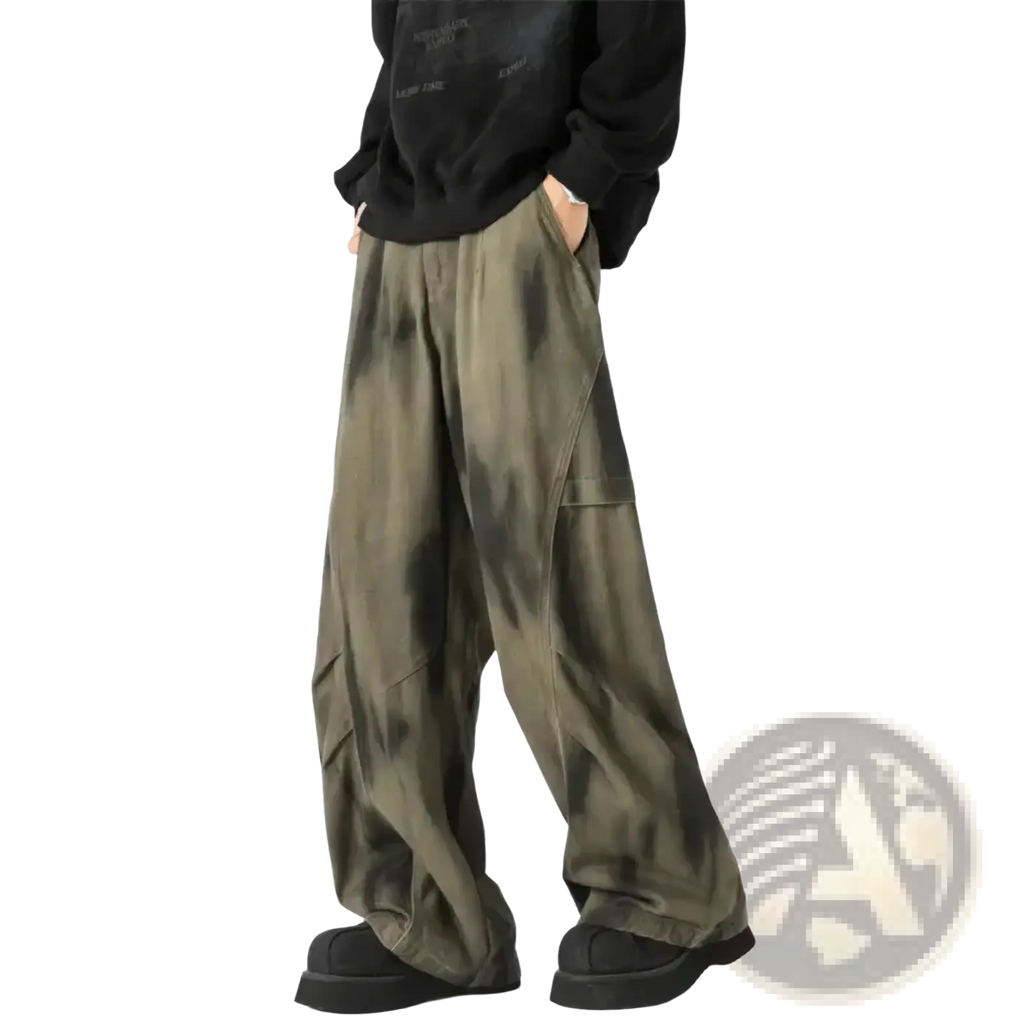 Men wide leg tie dye denim jeans in olive green featuring relaxed cargo pants with visible side pockets