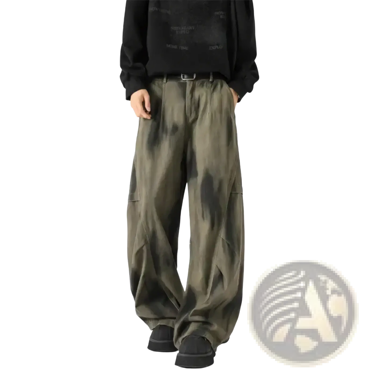 Men wide leg tie dye denim jeans in olive green featuring relaxed fit cargo style with visible side pockets