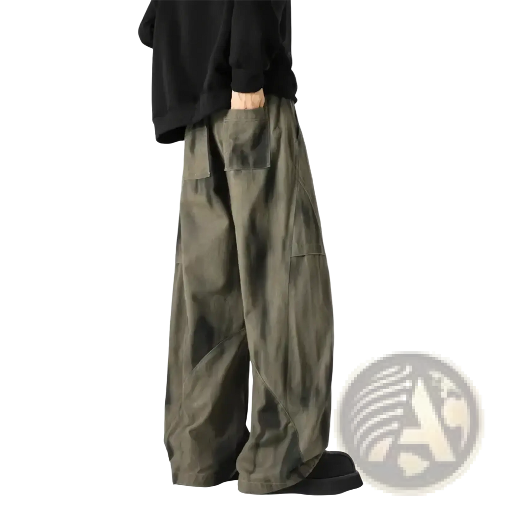Men wide leg tie dye denim jeans in olive green featuring relaxed cargo style with multiple pockets