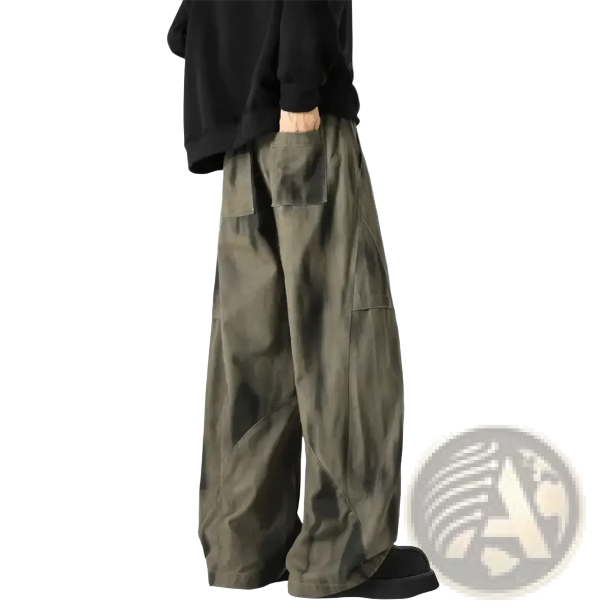 Men wide leg tie dye denim jeans in olive green featuring relaxed cargo style with multiple pockets