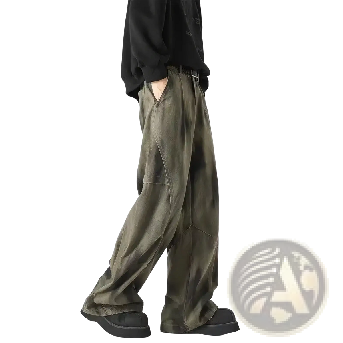 Men wide leg tie dye denim jeans in olive green with relaxed cut and visible stitching details in faded denim