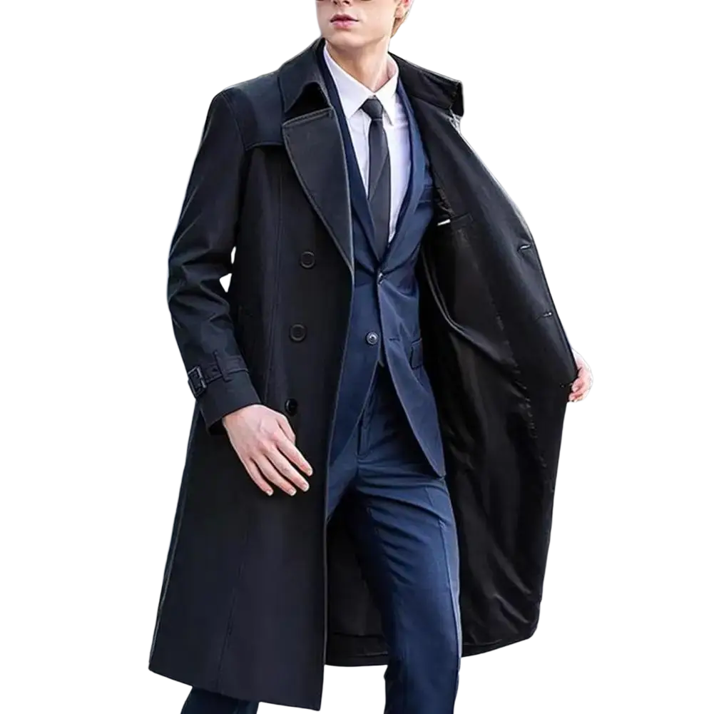 Black men windbreaker trench coat with classic double-breasted design and belted cuffs featuring long sleeve length