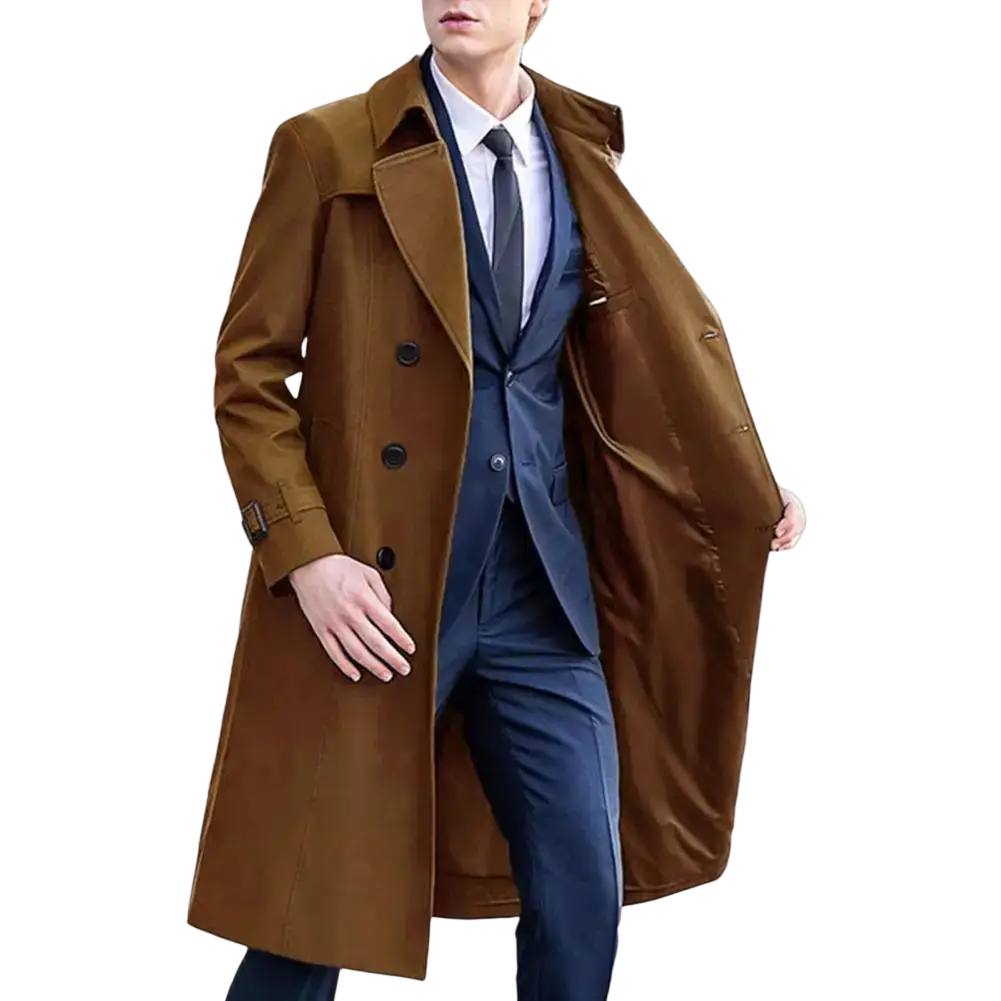 Men windbreaker brown trench coat with classic double-breasted design black buttons long sleeve and clothes length