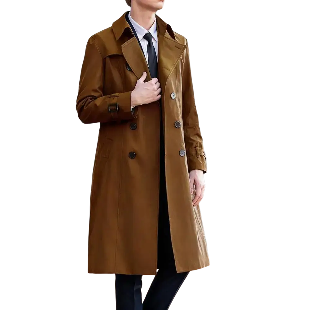 Brown men windbreaker casual trench coat with classic double-breasted design dark buttons and long sleeve length
