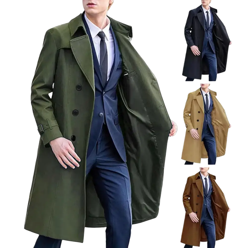 Olive green men windbreaker trench coat with long sleeve length and classic double-breasted design with black buttons