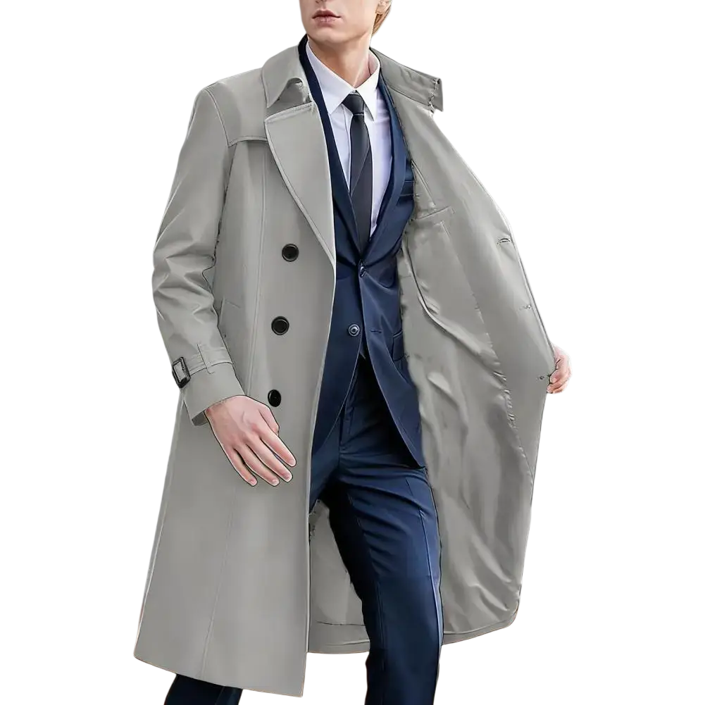 A sleek light gray men windbreaker long sleeve trench coat with black buttons and belted waist clothes length