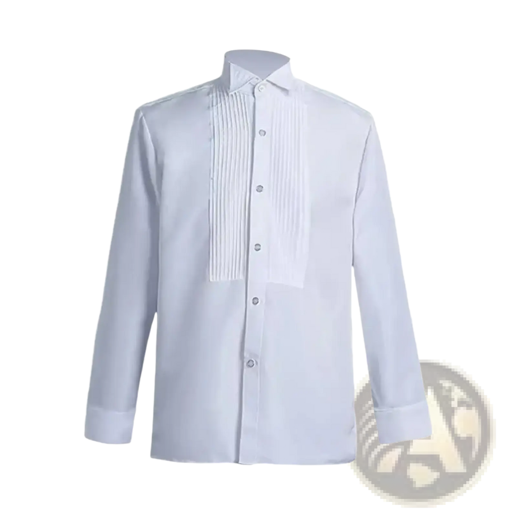 White men winged collar tuxedo dress shirt with pleated front panel and button-down collar for formal occasions