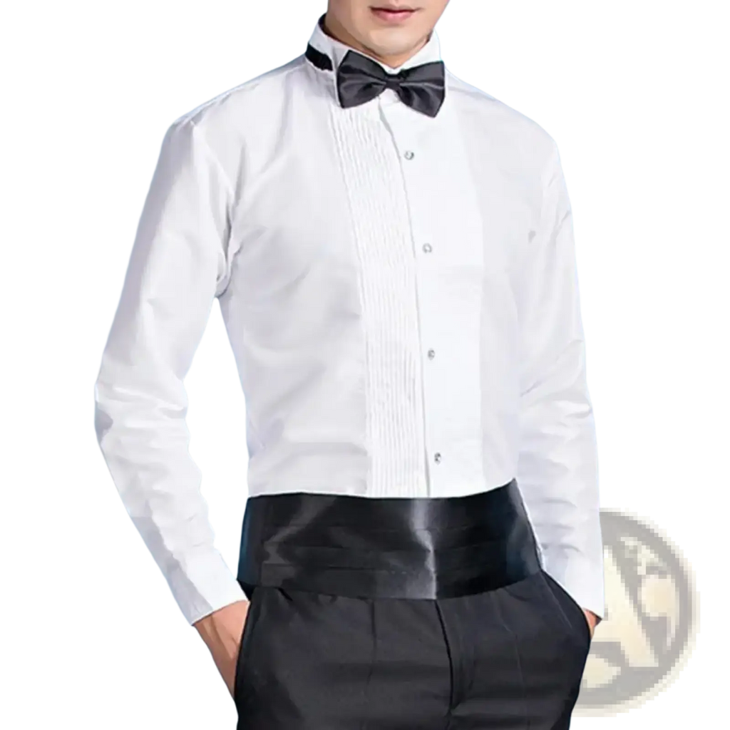 Men winged collar tuxedo dress shirt in white with black bow tie and pleated front for formal occasions