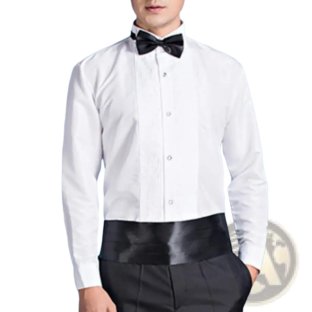 Men winged collar tuxedo dress shirt in white with black bow tie and satin belt for formal occasions