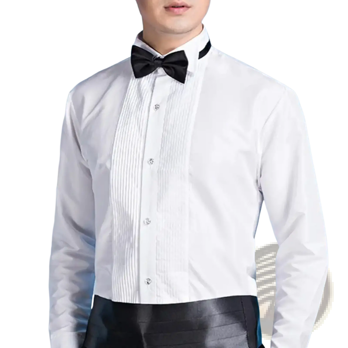 Men winged collar tuxedo dress shirt in white with pleated front and black bow tie for formal occasions