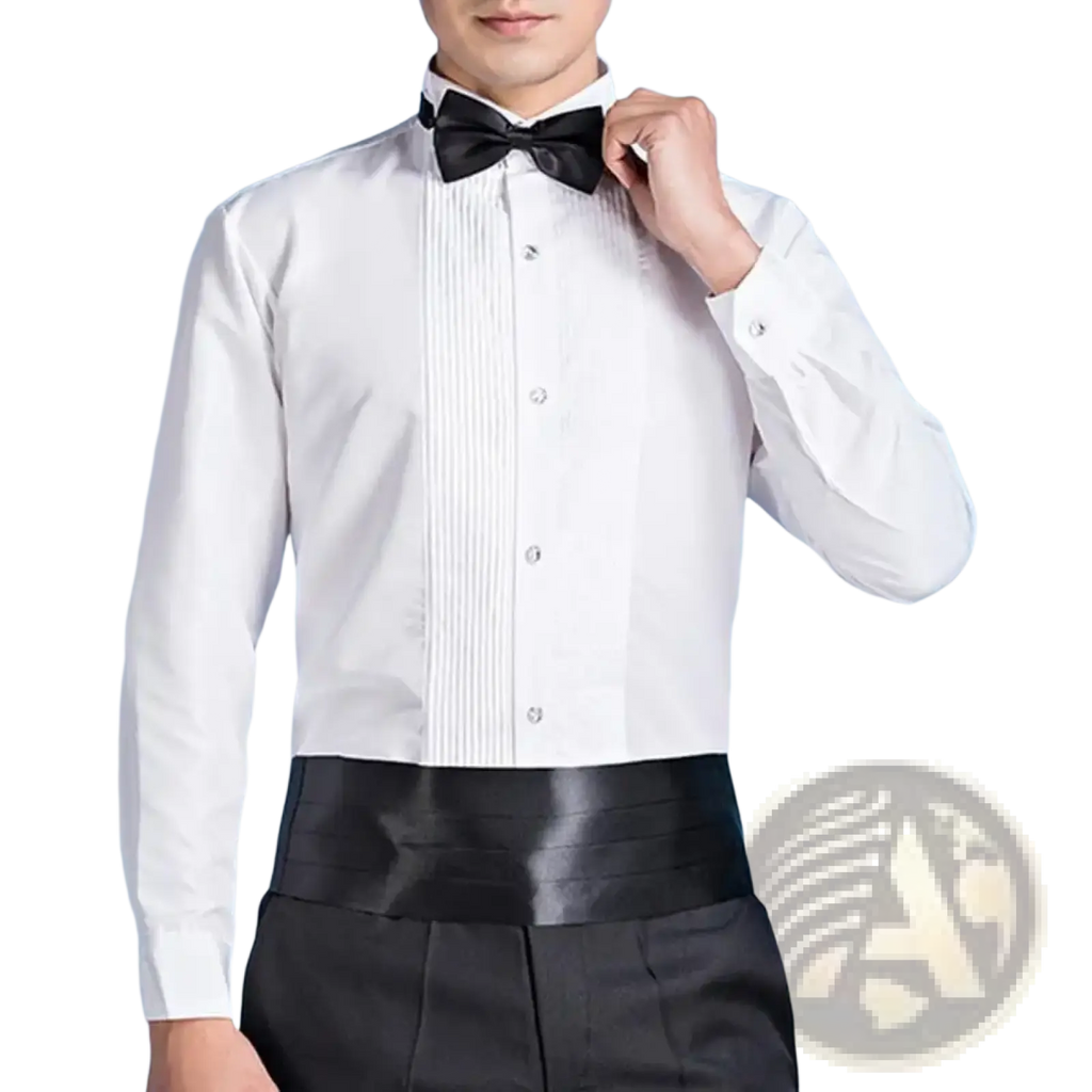 Men winged collar tuxedo dress shirt in white with pleated front and black bow tie for formal occasions