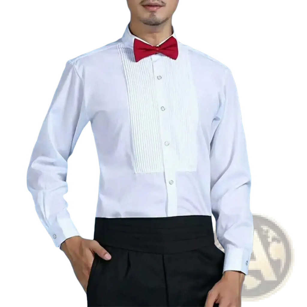 Men winged collar tuxedo dress shirt in white with pleated front panel and red bow tie for formal occasions