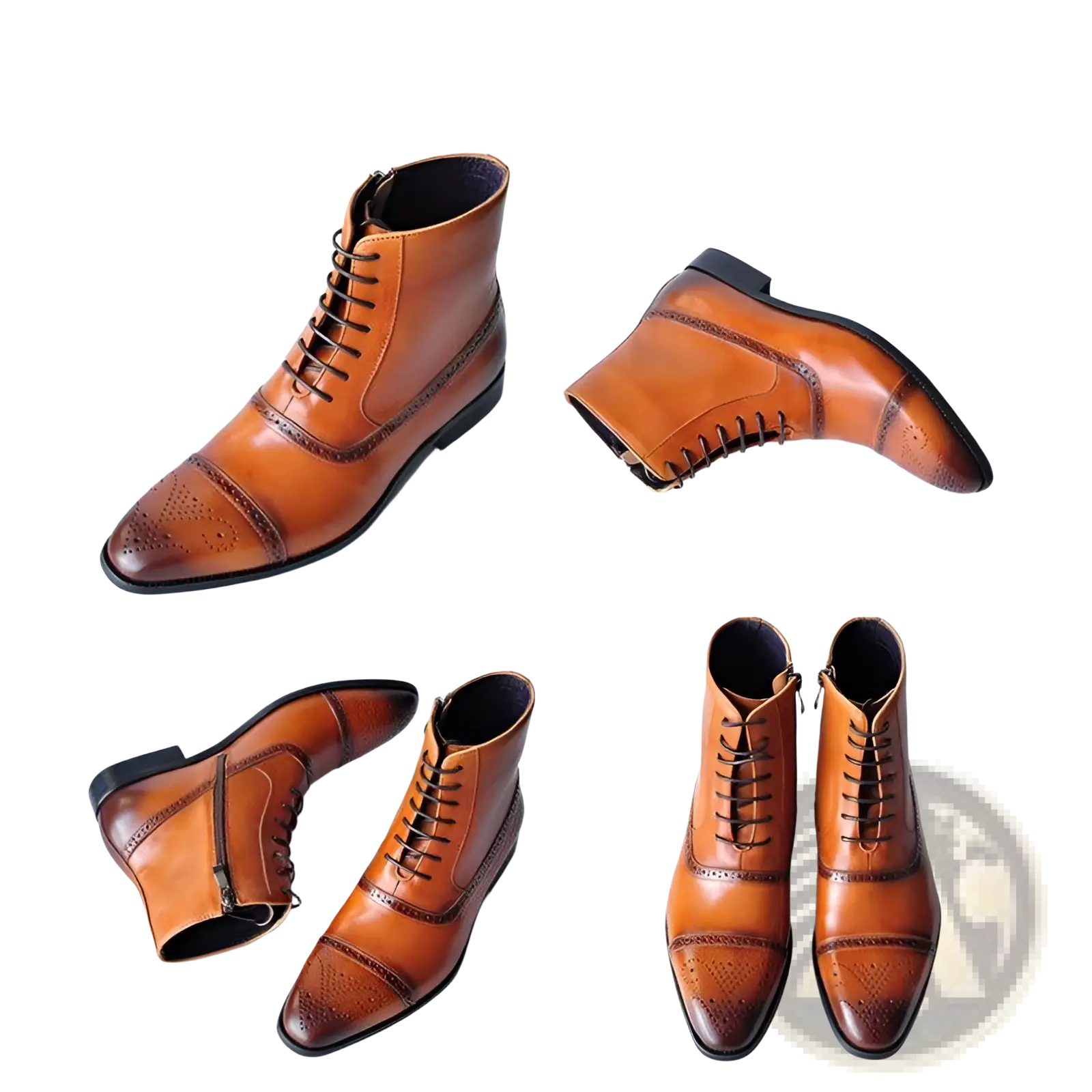 Men winter boots brown leather brogue ankle shoes with black laces and inner side zipper for warmth