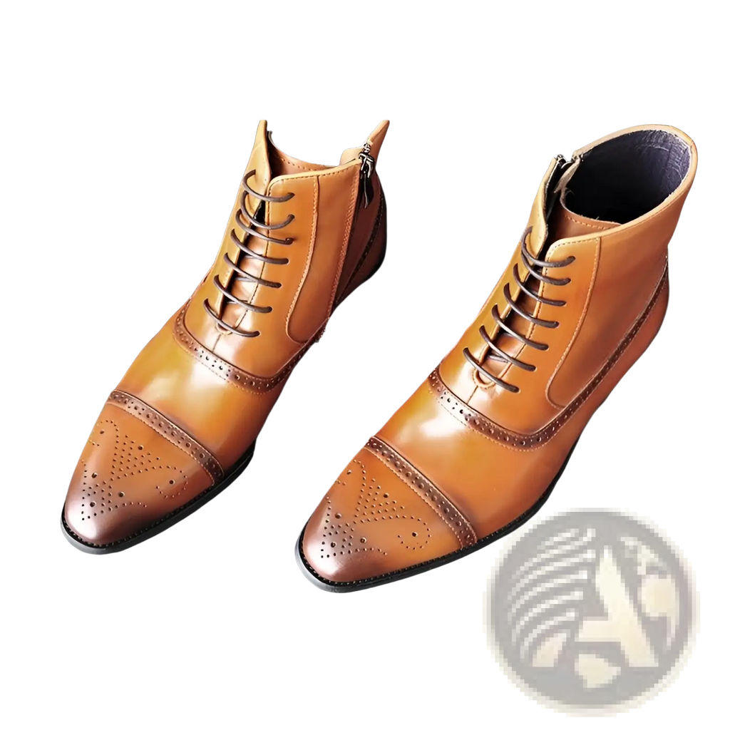 Men winter boots tan leather lace-up ankle with brogue detailing and inner side zipper for plush warm wear