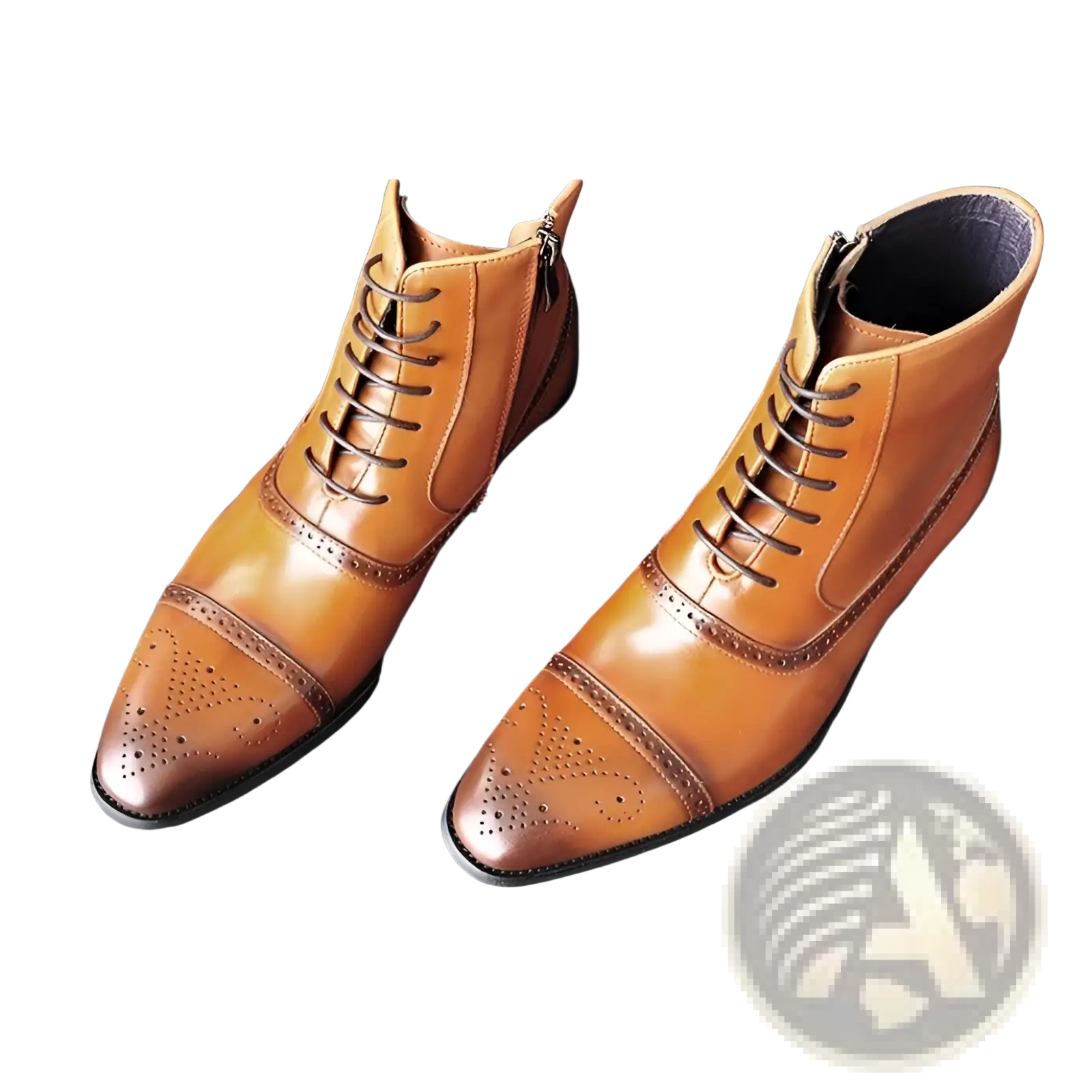 Men winter boots tan leather lace-up ankle with brogue detailing and inner side zipper for plush warm wear