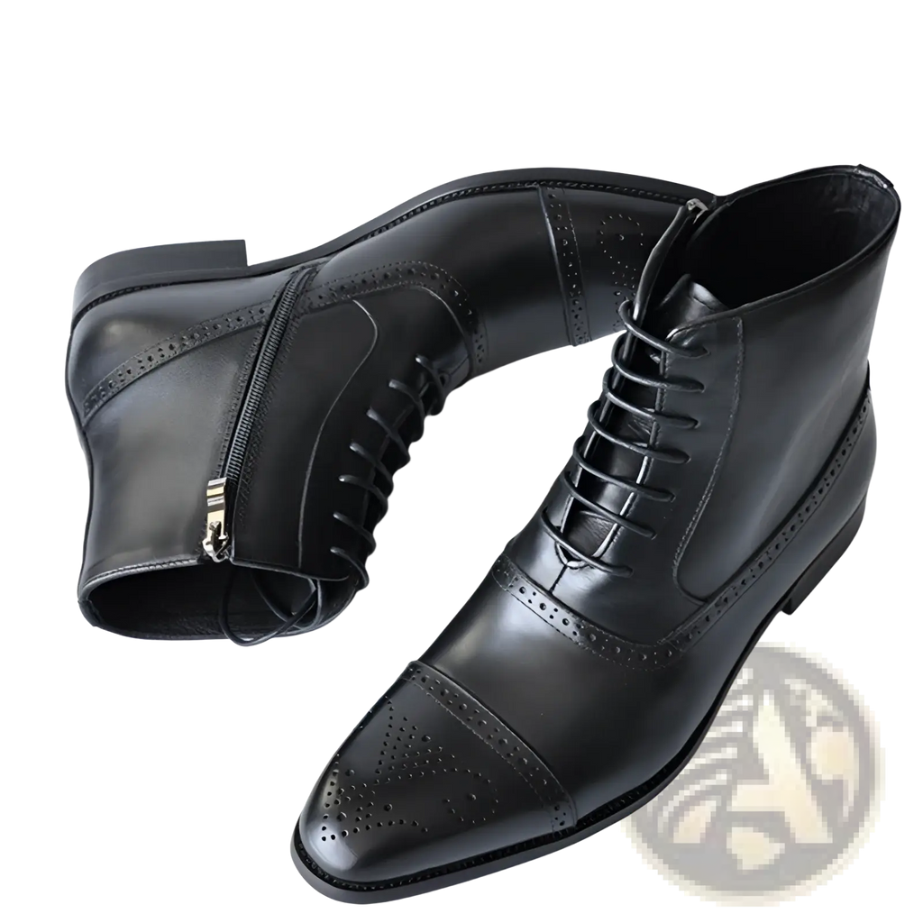 Black leather brogue ankle boots with polished finish and decorative perforations for men winter wear