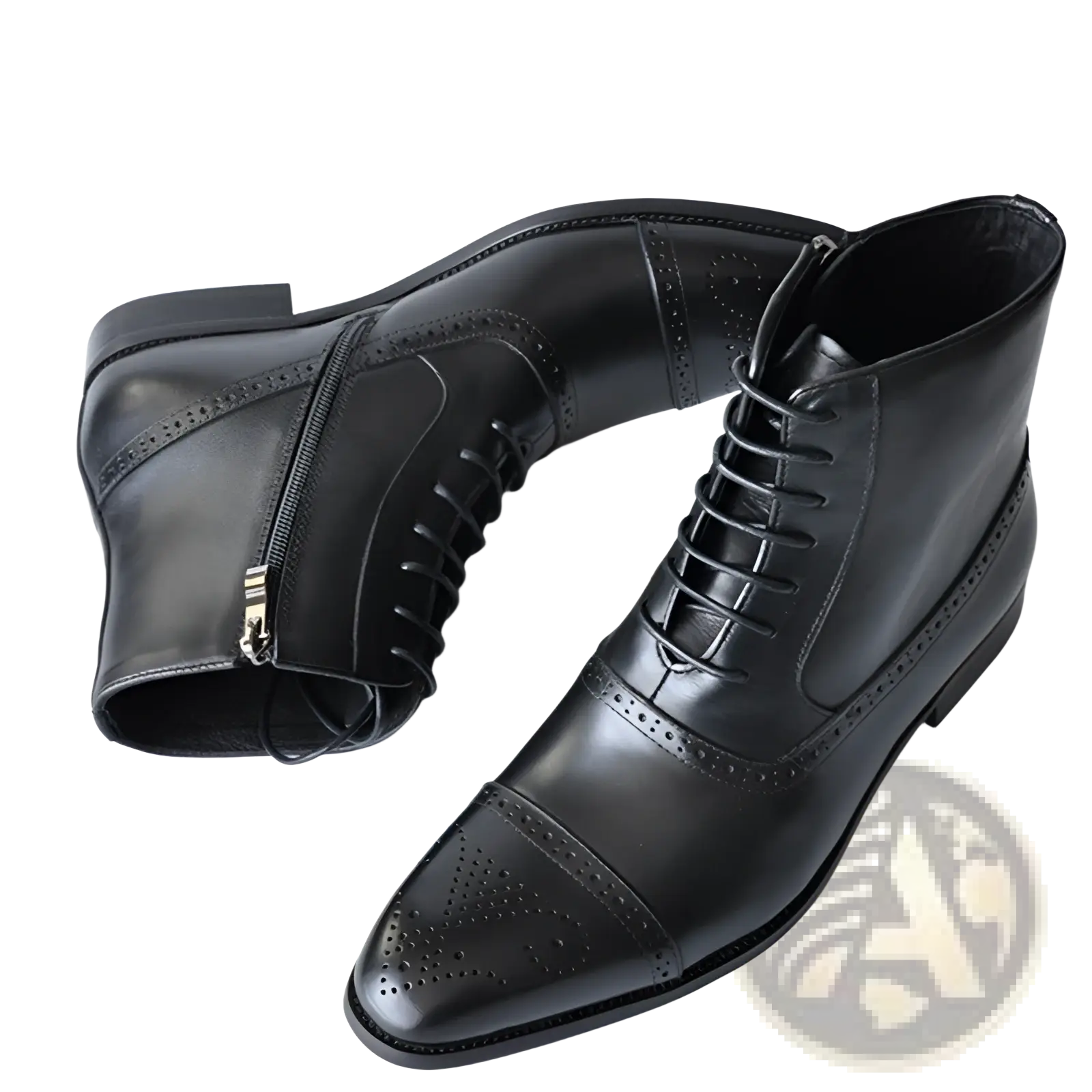 Black leather brogue ankle boots with polished finish and decorative perforations for men winter wear