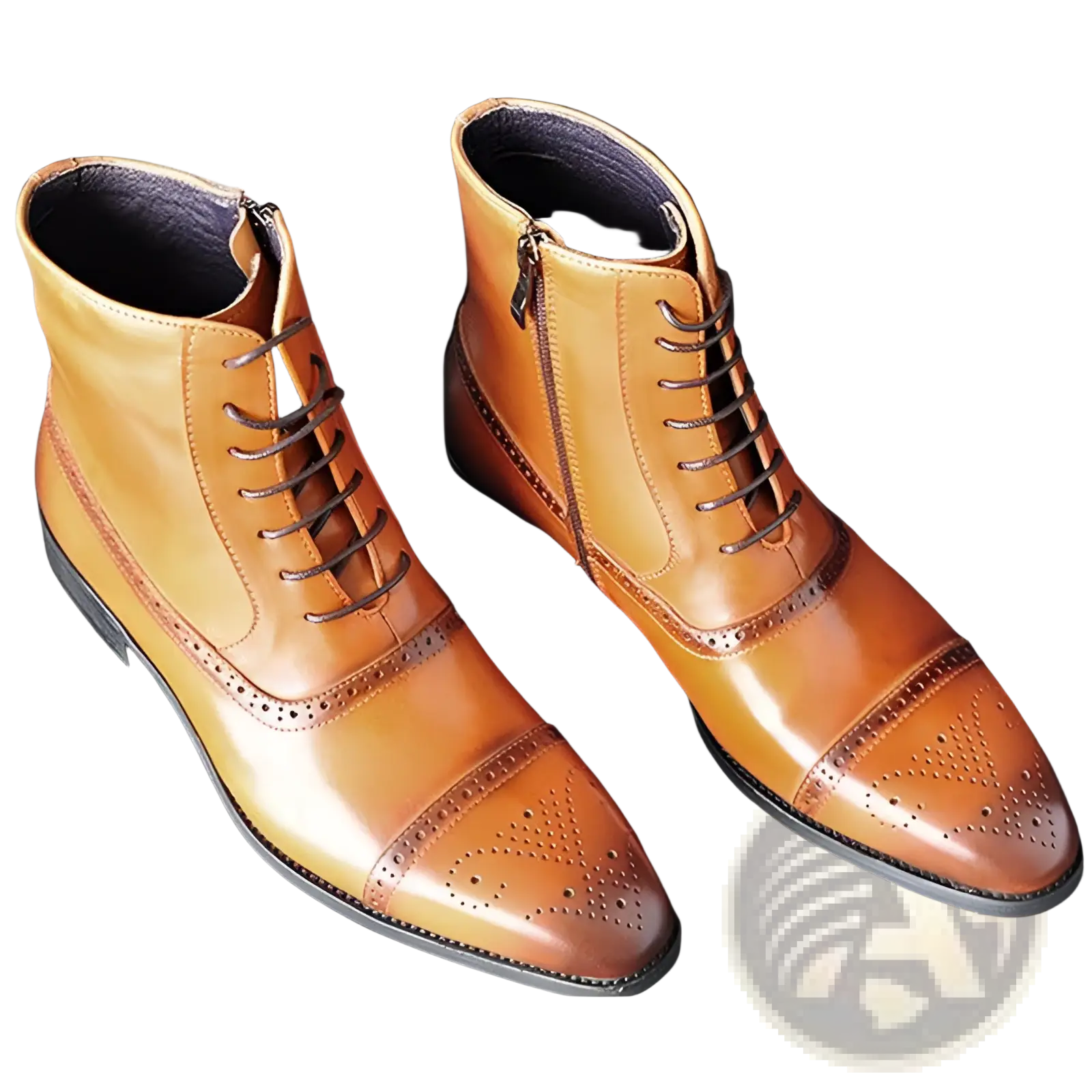 Pair of tan leather men winter brogue ankle boots with dark laces and inner side zipper for warm comfort