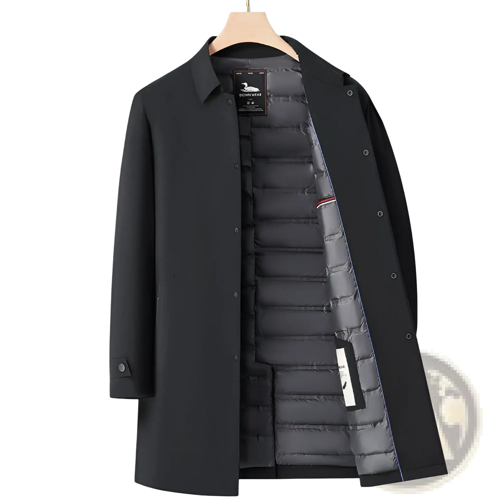 Black down-filled men winter coat with sleek modern design and subtle stitching details navy blue puffer jacket