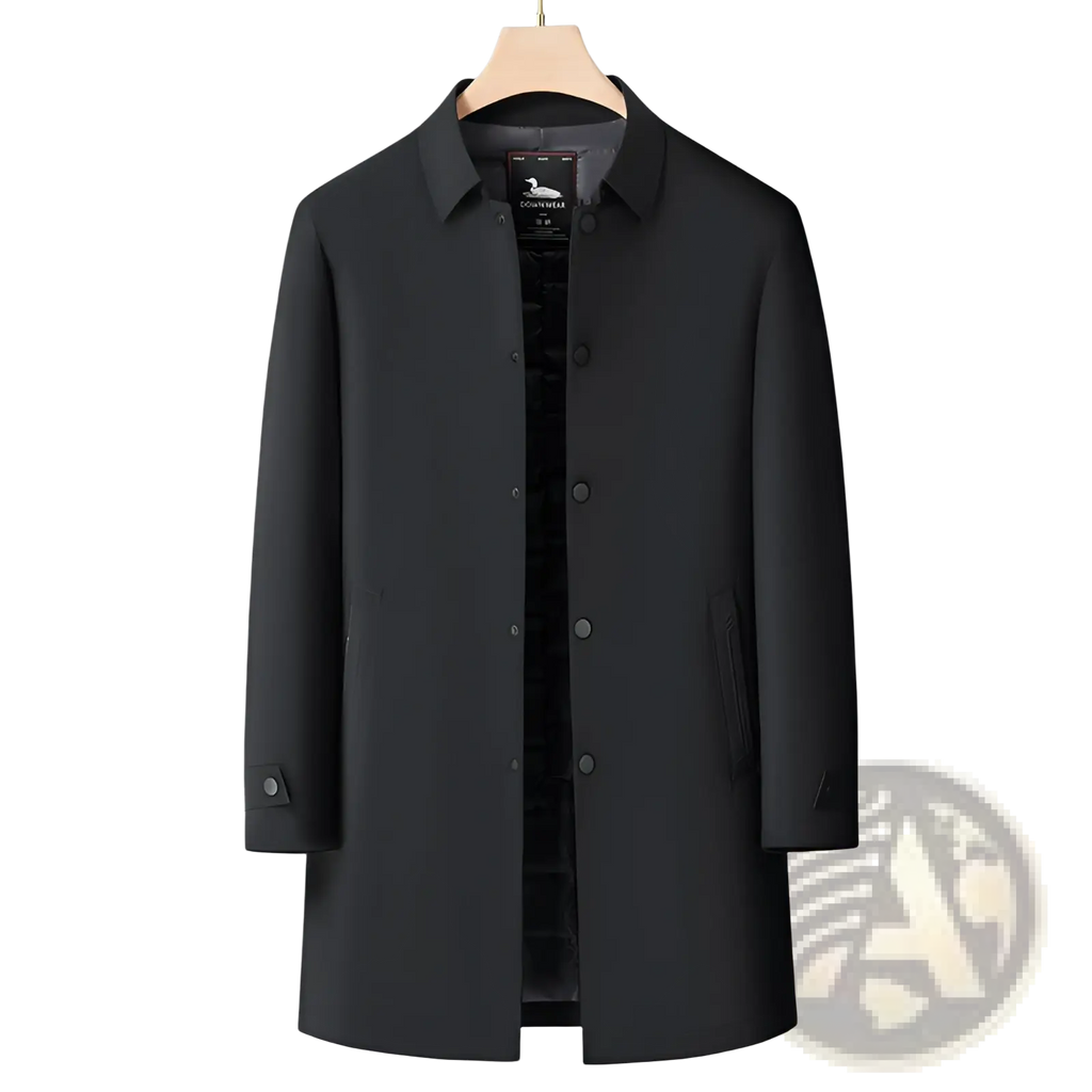 Men winter down coat navy blue puffer jacket with sleek modern design and subtle button detailing on black fabric