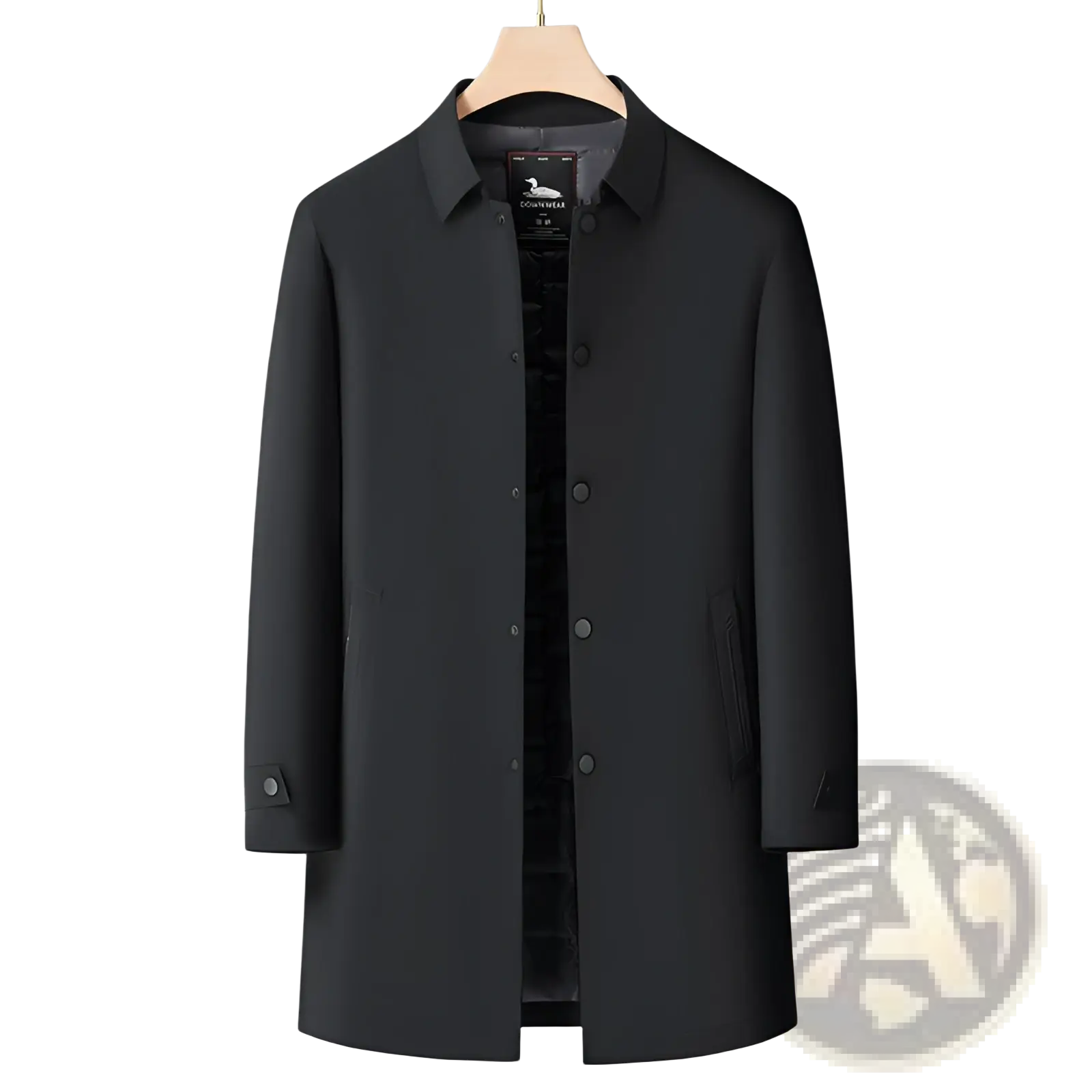 Men winter down coat navy blue puffer jacket with sleek modern design and subtle button detailing on black fabric