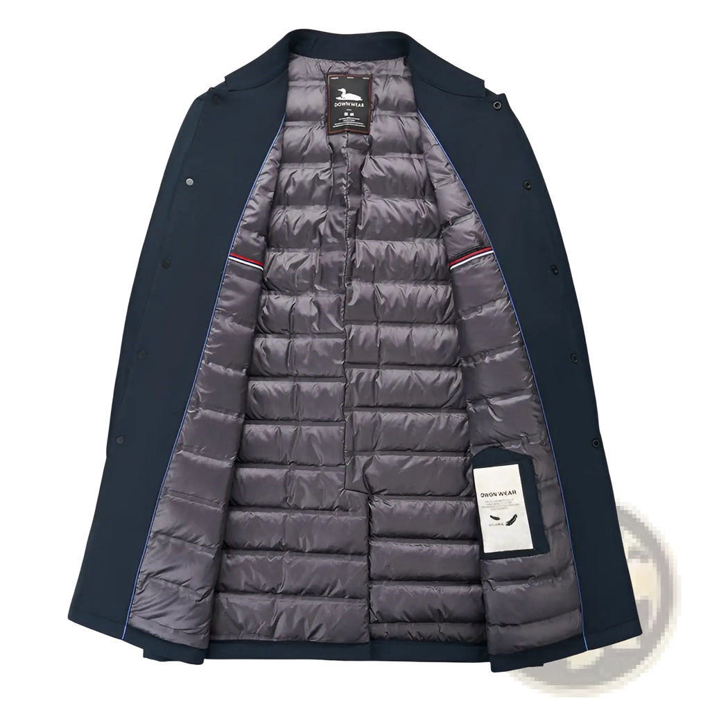 Men winter down coat navy blue puffer jacket with dark navy blue quilted design and subtle red and white inner trim