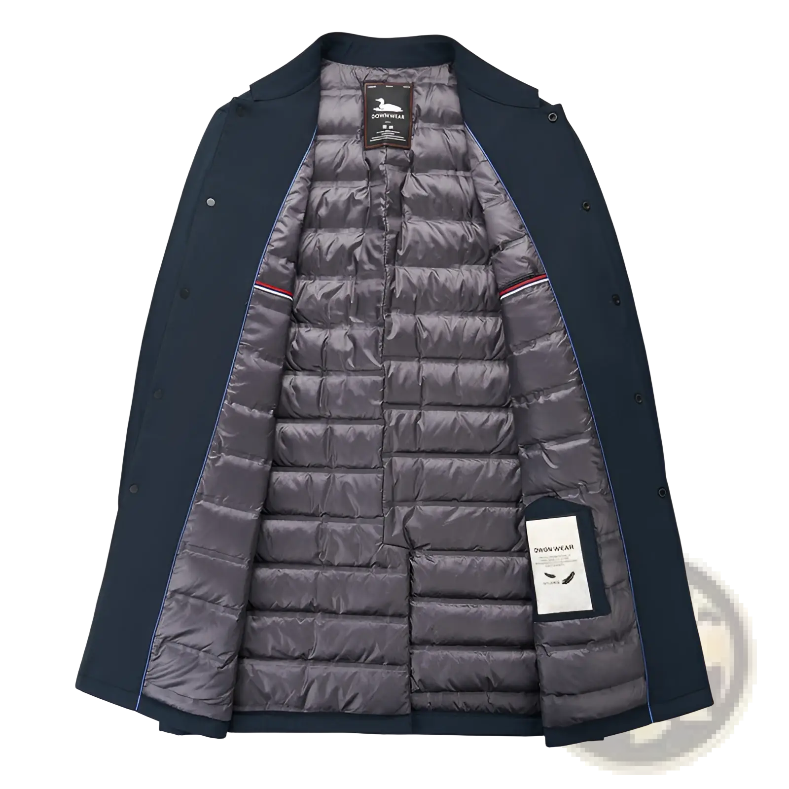 Men winter down coat navy blue puffer jacket with dark navy blue quilted design and subtle red and white inner trim
