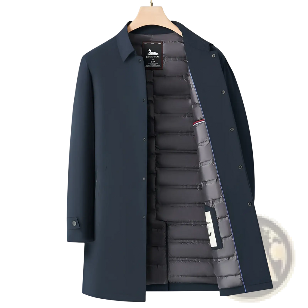 Men winter down coat navy blue puffer jacket with quilted gray interior and button closures mid-length design