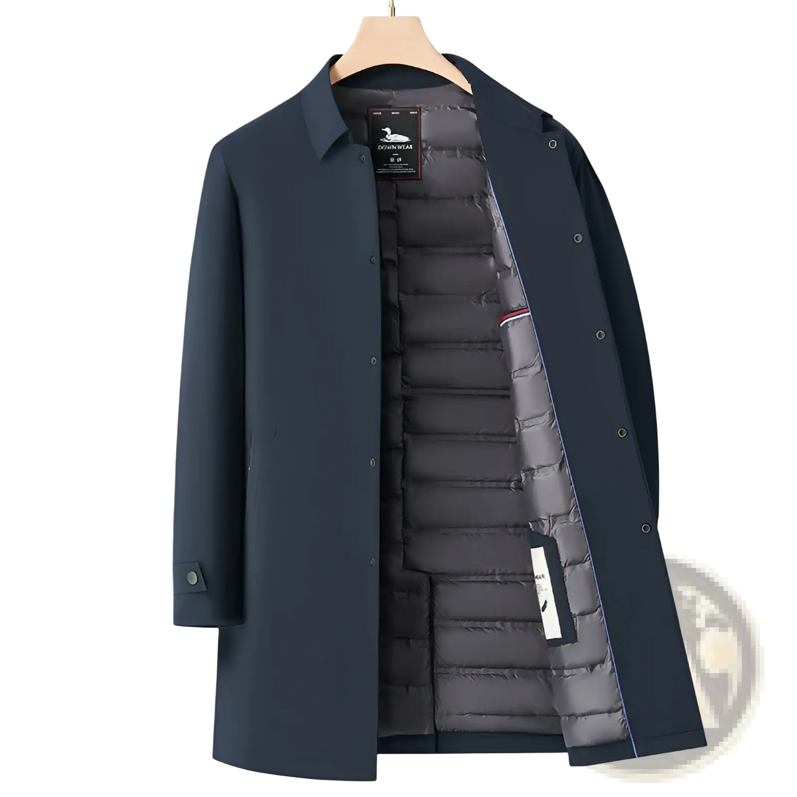 Men winter down coat navy blue puffer jacket with quilted gray interior and button closures mid-length design