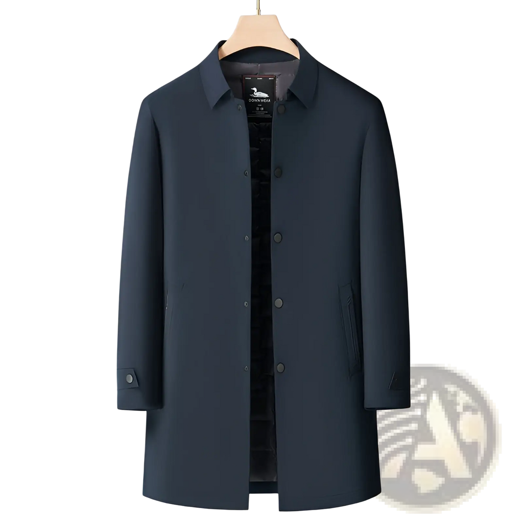 Men winter down coat navy blue puffer jacket with a dark navy blue subtle sheen, classic collar, and button closure