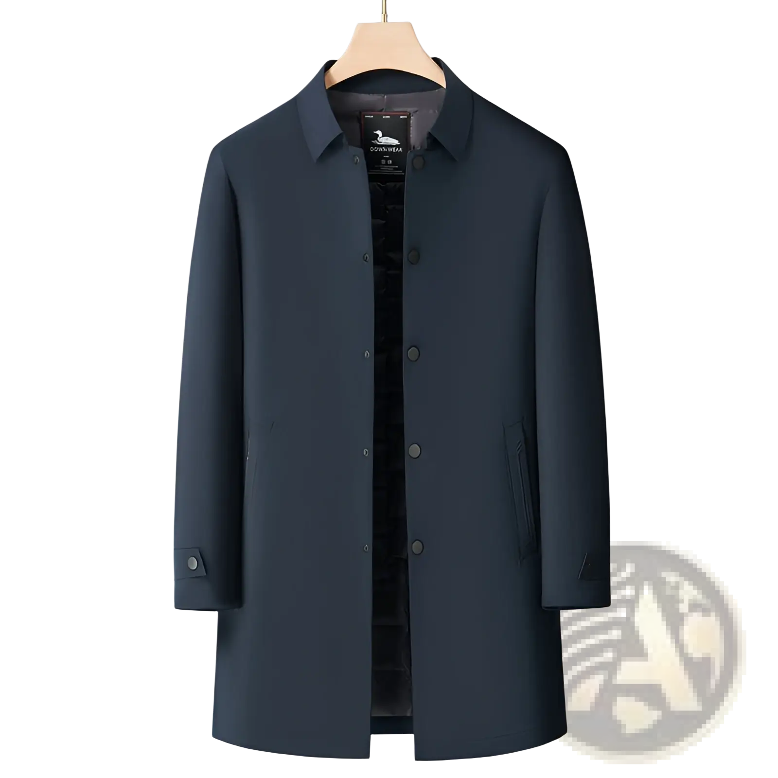 Men winter down coat navy blue puffer jacket with a dark navy blue subtle sheen, classic collar, and button closure
