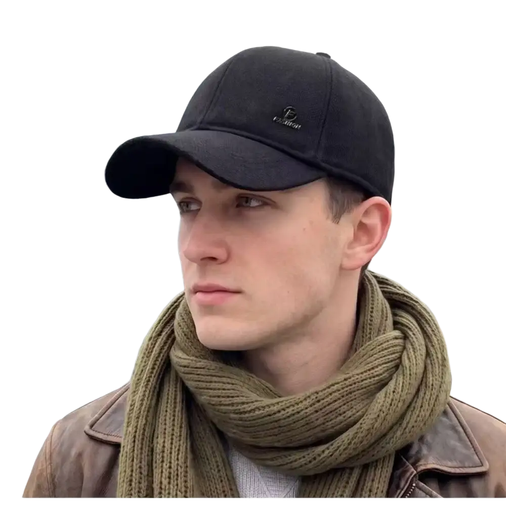 Black men winter ear flap baseball cap with small embroidered logo warm wool hat for cold weather