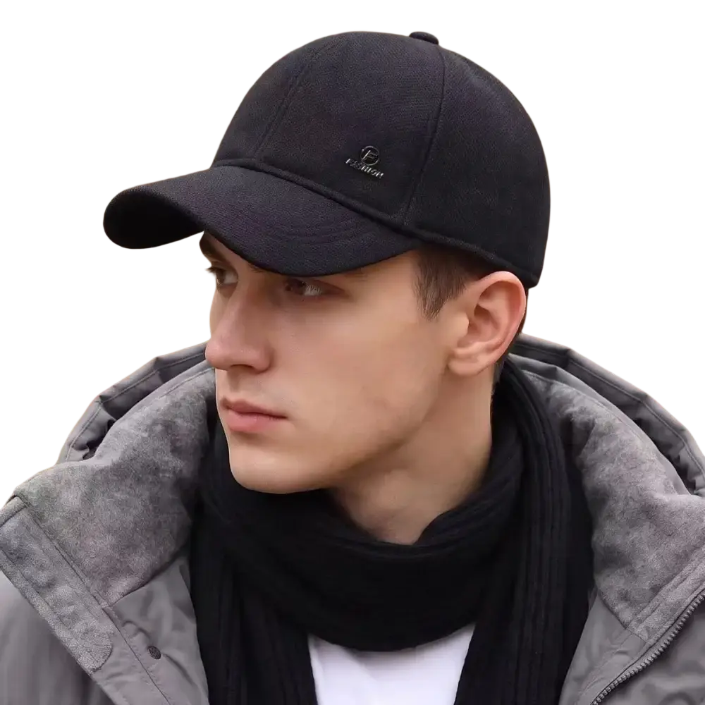 Black wool men winter ear flap baseball cap with a small embroidered logo on the front for warmth and style