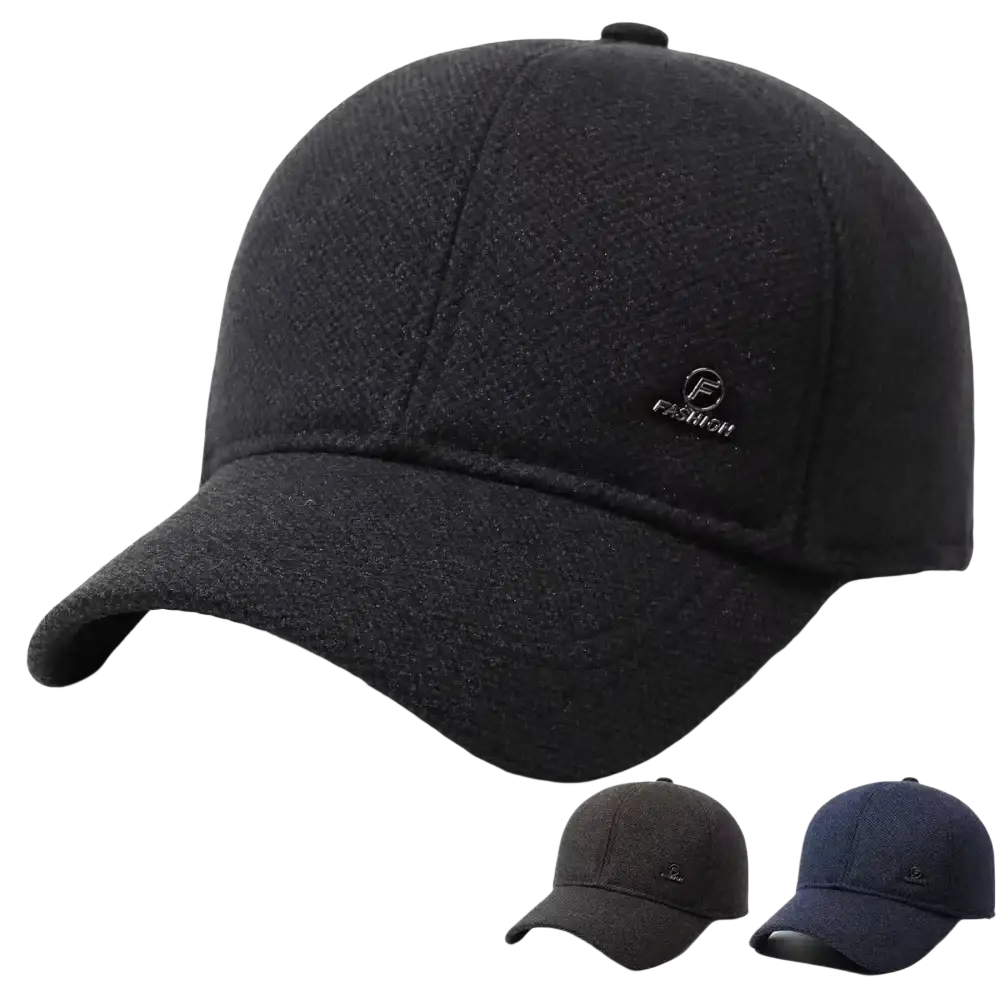 Men winter ear flap baseball cap in black textured wool with small silver fashion logo for warmth and style