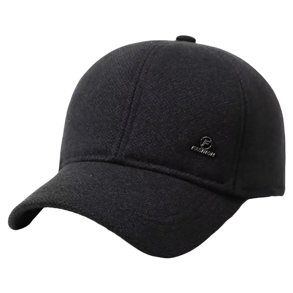 Black woolen men winter ear flap baseball cap with subtle textured weave and small embroidered logo on front
