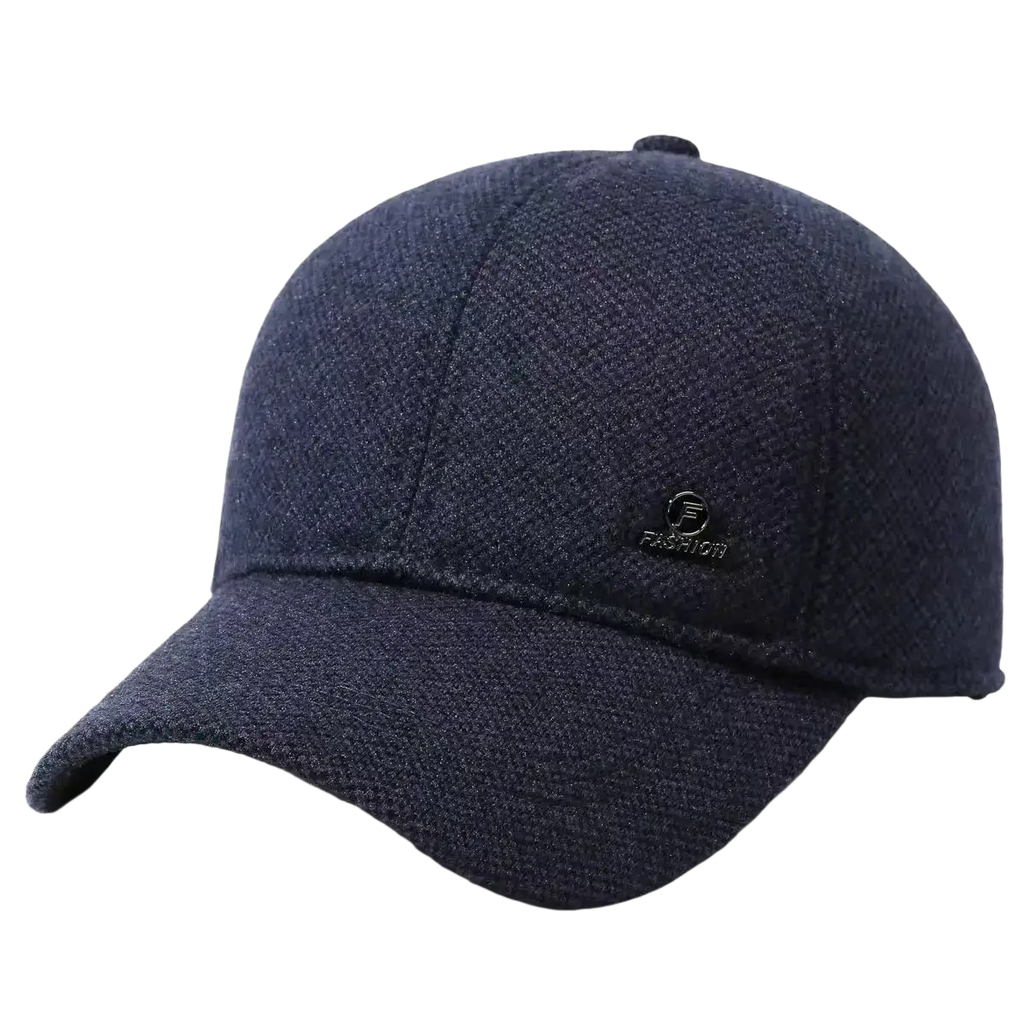 Dark blue textured wool men winter ear flap baseball cap with small black embroidered logo for warmth and style