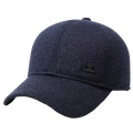 Dark blue textured wool men winter ear flap baseball cap with small black embroidered logo for warmth and style