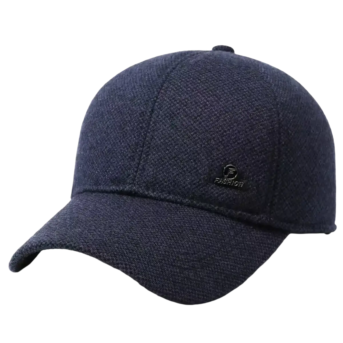 Dark blue textured wool men winter ear flap baseball cap with small black embroidered logo for warmth and style