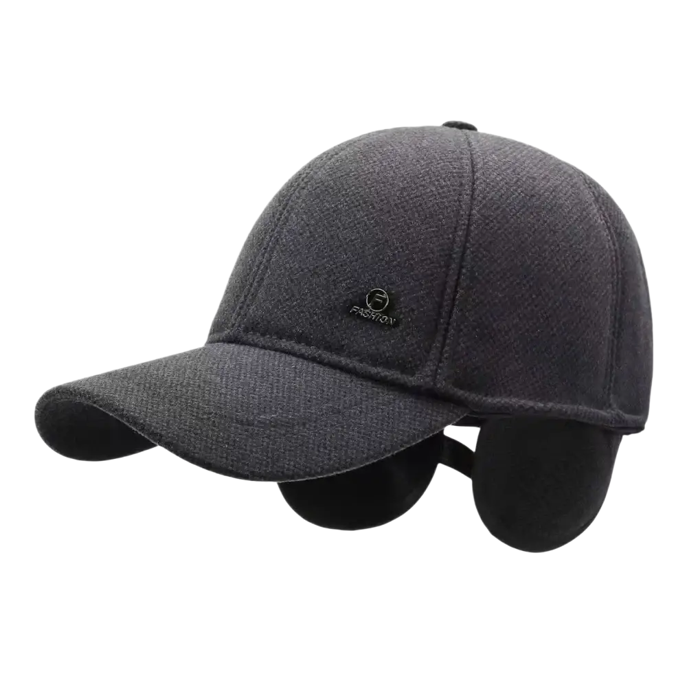 Dark gray woolen men winter ear flap baseball cap with small embroidered logo for warmth and cold weather use